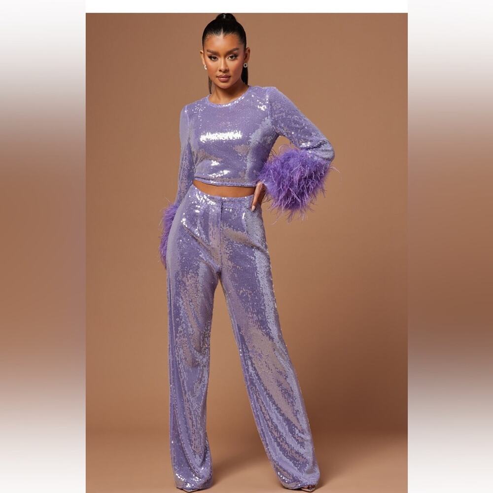 Purple Sequin And Feather Matching Set Long Sleev… - image 1